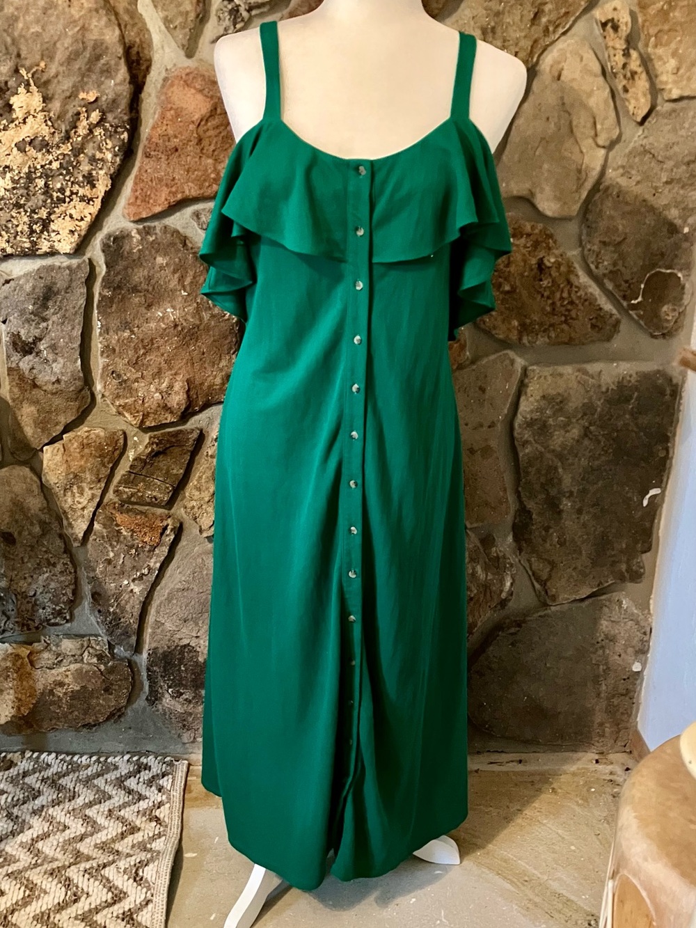 Gianni Bini Emerald Green Ruffle-Trim Button-Front Maxi Dress